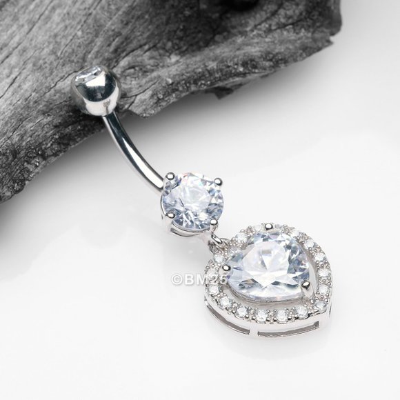 14 Karat White Gold Brilliant Heart Solitaire Sparkle Loop Belly Button Ring